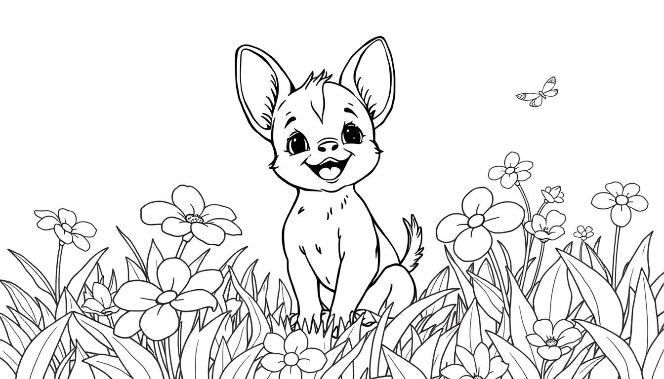 Un chiot joyeux dans un jardin de fleurs prêt à être coloré, avec un papillon.