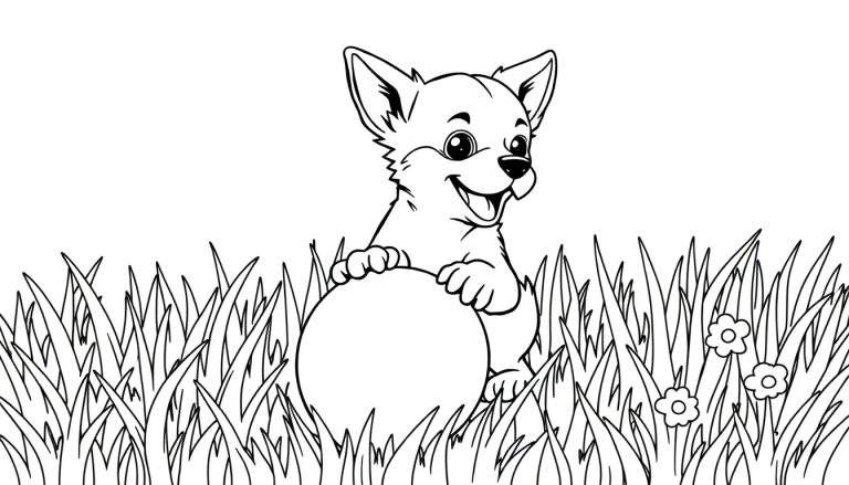 Un adorable chiot au trait noir et blanc, prêt à être colorié, avec une balle dans l'herbe.