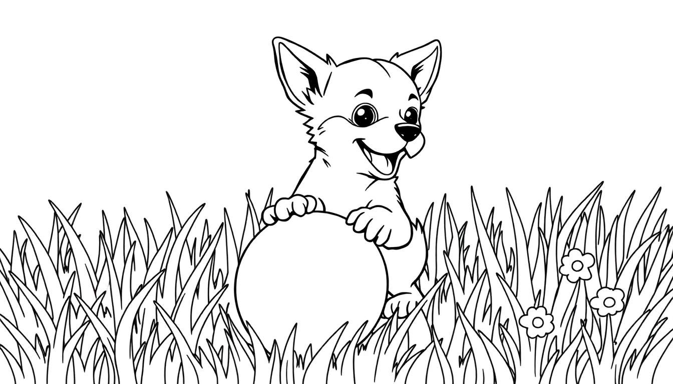 Un adorable chiot au trait noir et blanc, prêt à être colorié, avec une balle dans l'herbe.