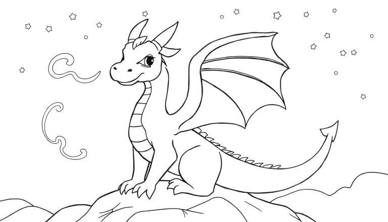 Page à colorier : un mignon dragon debout sur un rocher, soufflant de la fumée, avec des étoiles en arrière-plan.