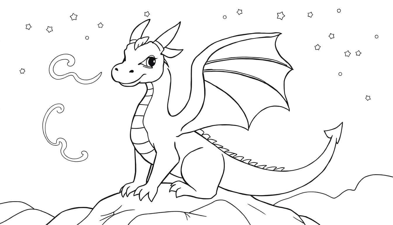 Page à colorier : un mignon dragon debout sur un rocher, soufflant de la fumée, avec des étoiles en arrière-plan.