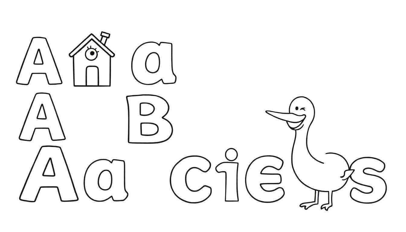 Illustration de l'alphabet avec des lettres et un oiseau souriant, un color panel pour l'apprentissage.