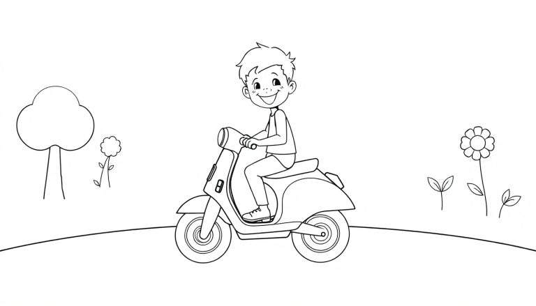 Un garçon souriant sur un scooter dans un paysage champêtre, avec un arbre et des fleurs, prêt à être colorié dans un color panel.