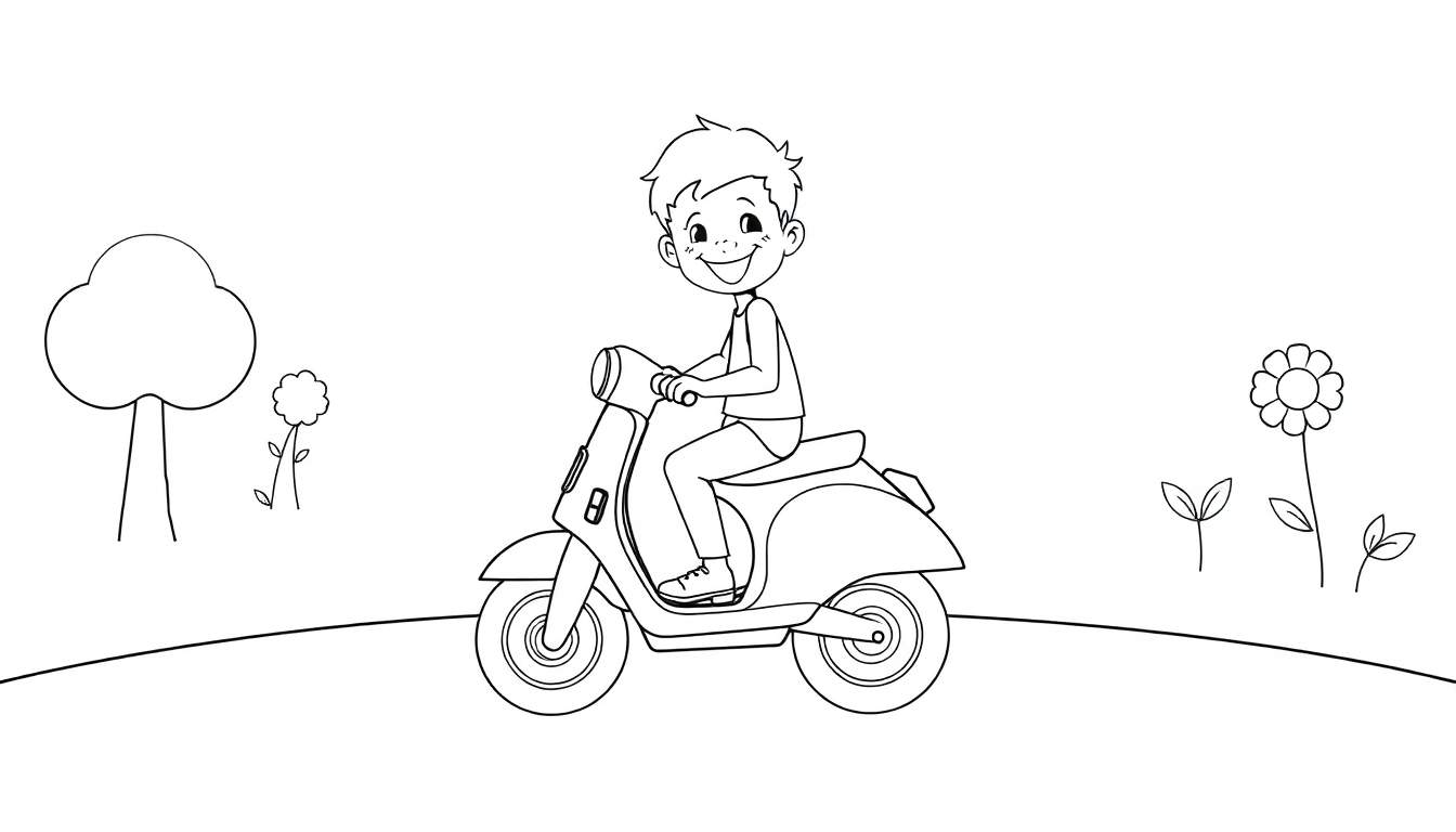 Un garçon souriant sur un scooter dans un paysage champêtre, avec un arbre et des fleurs, prêt à être colorié dans un color panel.