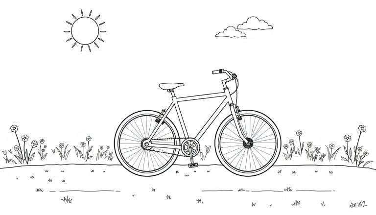 Un dessin au trait d'un vélo entouré de nature et de soleil, prêt à être colorié.