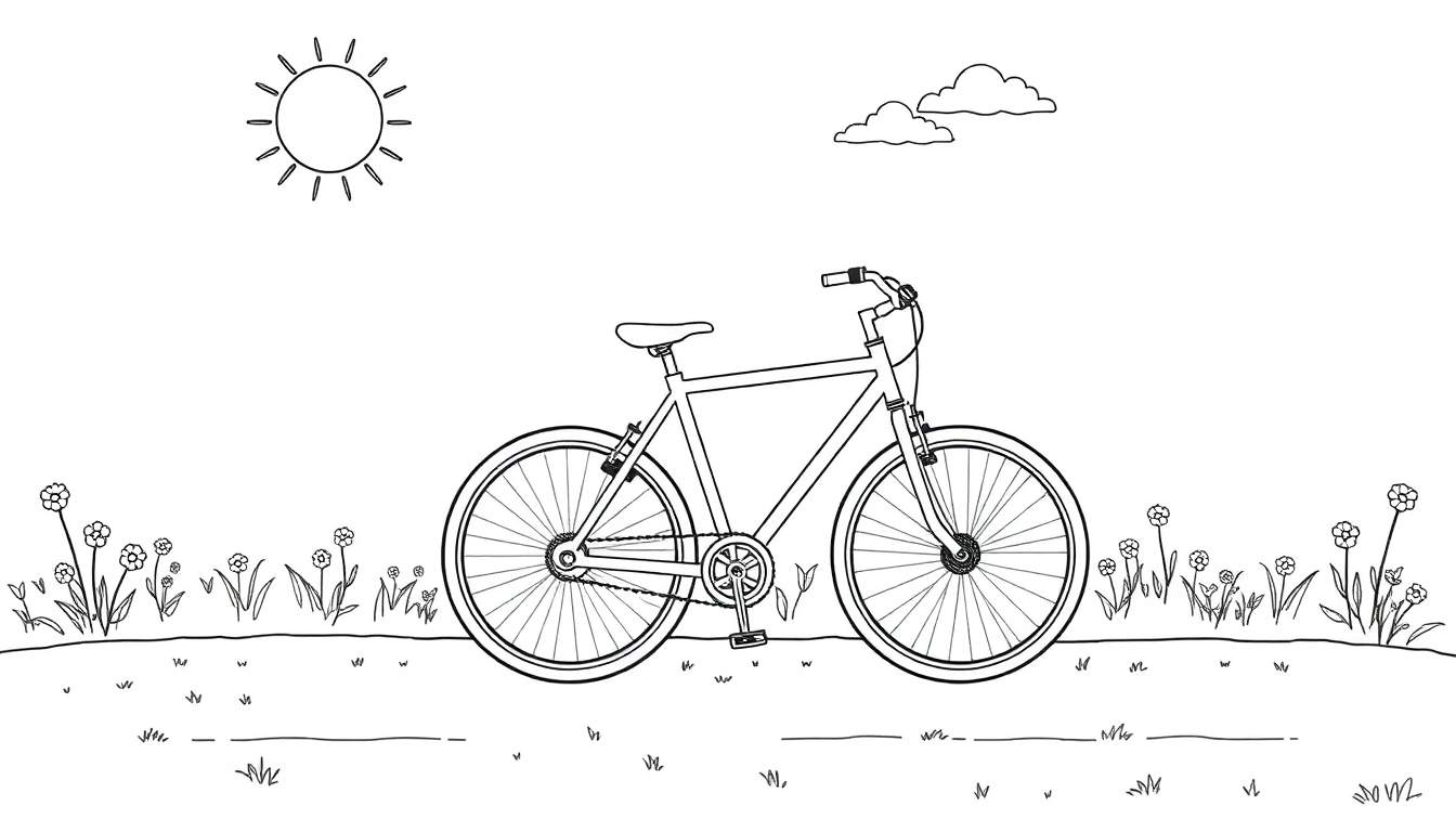 Un dessin au trait d'un vélo entouré de nature et de soleil, prêt à être colorié.