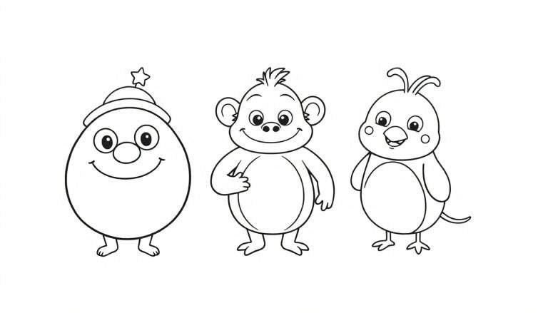 Trois personnages de dessins animés alignés : un œuf, un singe et un oiseau, tous souriants et prêts à être colorés.