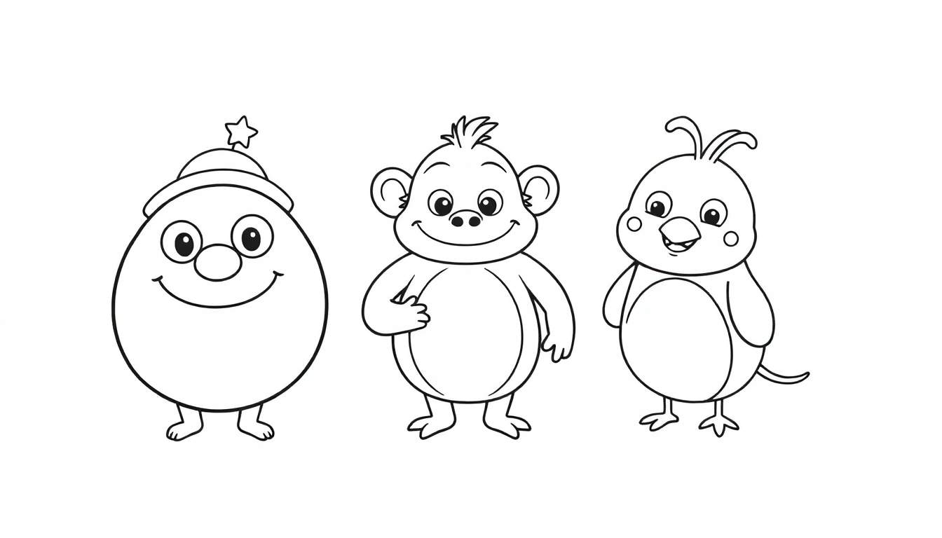 Trois personnages de dessins animés alignés : un œuf, un singe et un oiseau, tous souriants et prêts à être colorés.