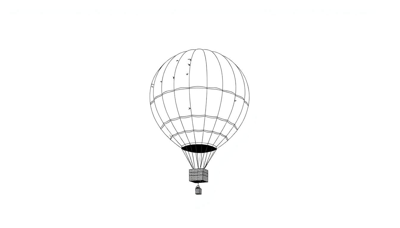 Dessin au trait d'une montgolfière avec des panneaux colorés dans les airs.