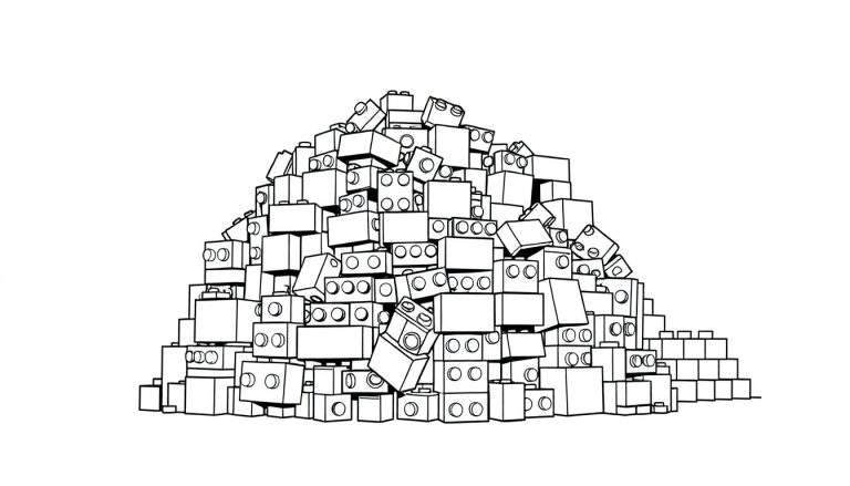 Un grand tas de briques de construction de style Lego, dessinées en noir et blanc, formant une colline irrégulière.