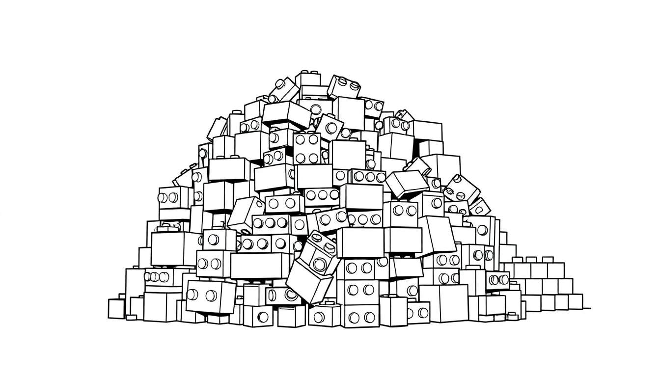 Un grand tas de briques de construction de style Lego, dessinées en noir et blanc, formant une colline irrégulière.