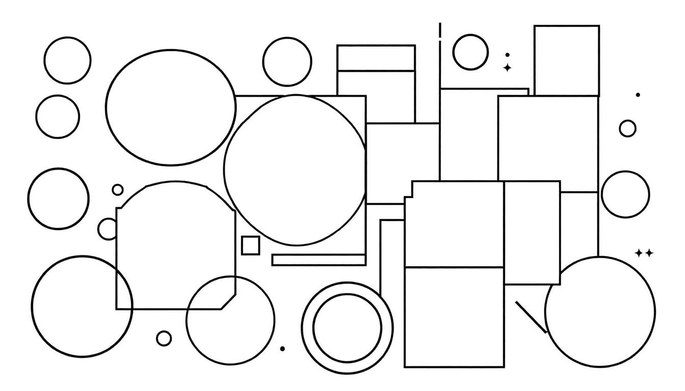 Panneau de couleur avec des cercles et des carrés noirs et blancs.