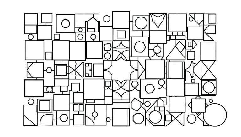 Panneau de coloriage avec des formes géométriques noires sur fond blanc.