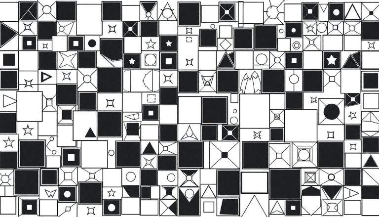 Panneau de couleurs avec des carrés noirs et blancs remplis de formes géométriques variées pour un design créatif.