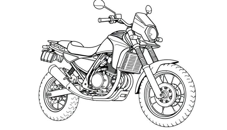Moto de style aventure dessinée au trait, prête à être coloriée.