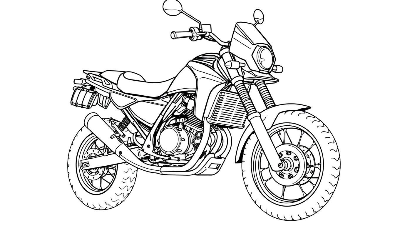 Moto de style aventure dessinée au trait, prête à être coloriée.