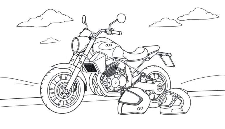 Moto classique dessinée avec deux casques, style livre de coloriage, pour un color panel
