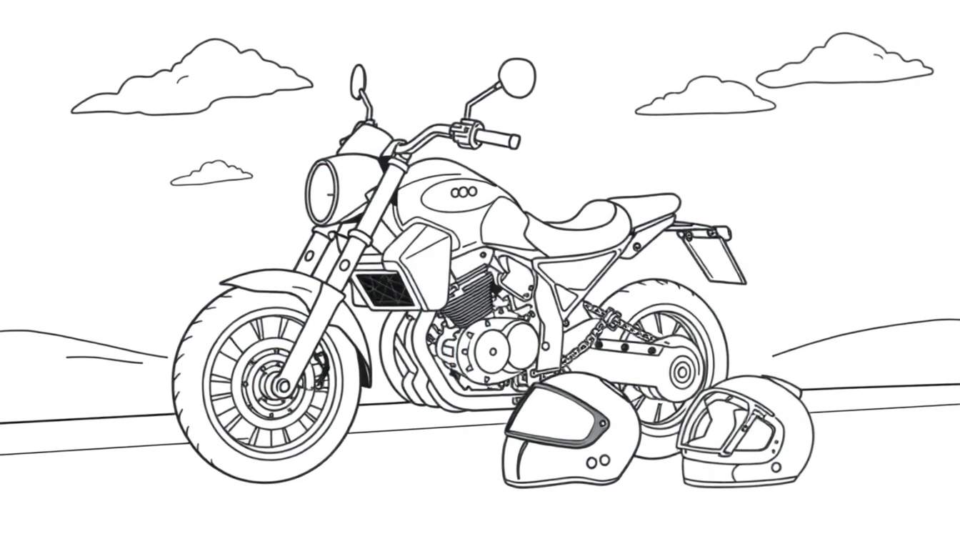 Moto classique dessinée avec deux casques, style livre de coloriage, pour un color panel