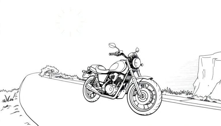 Une moto classique dessinée au trait prête à être coloriée dans un color panel.