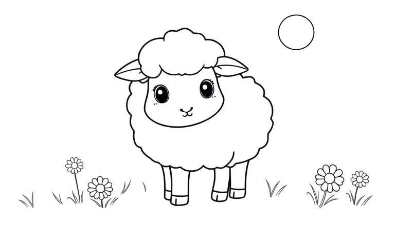 Un mouton dans un champ de fleurs avec un soleil joyeux, prêt à être coloré dans un color panel.