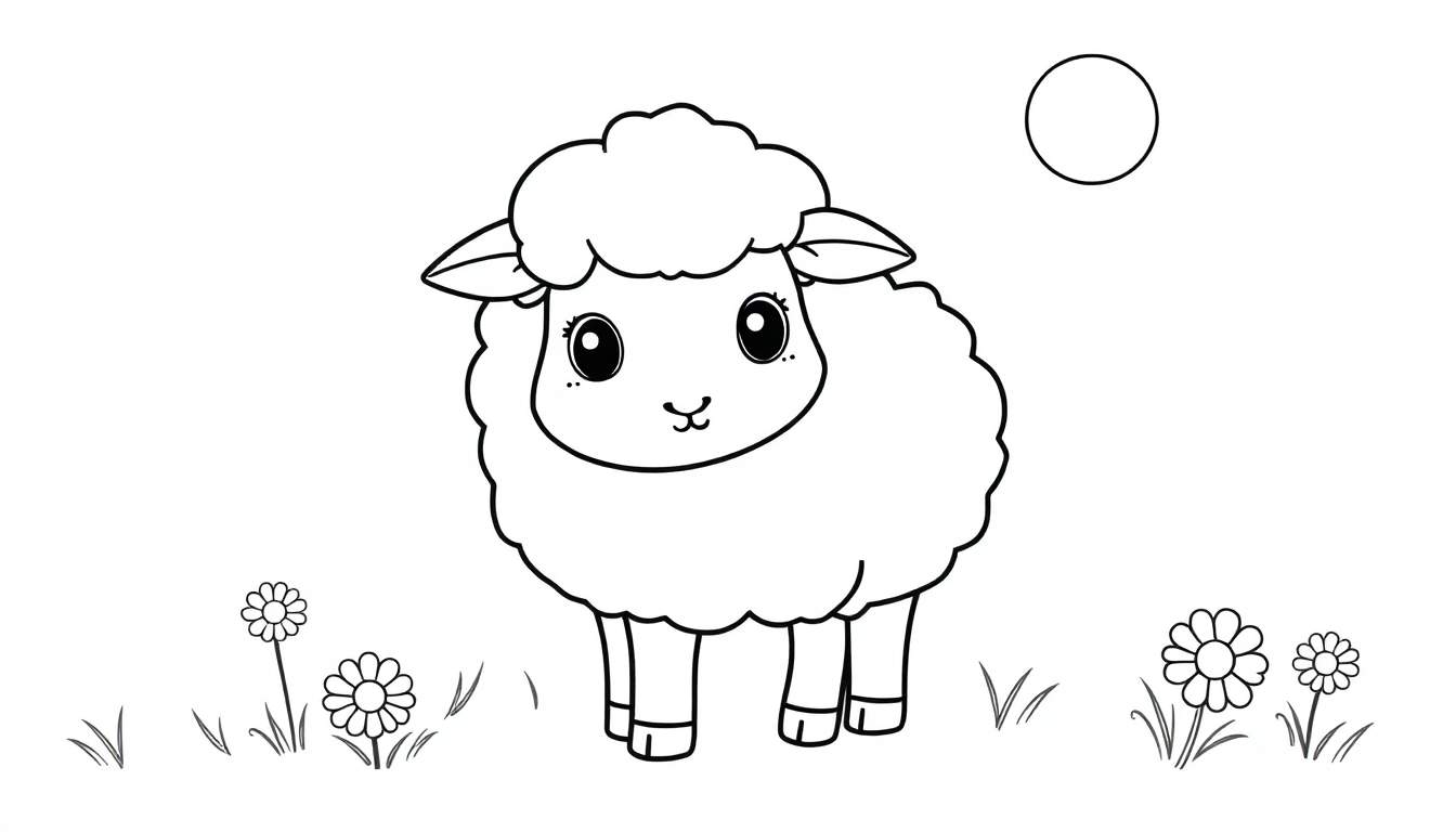 Un mouton dans un champ de fleurs avec un soleil joyeux, prêt à être coloré dans un color panel.