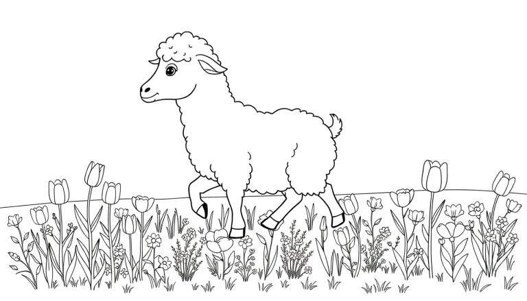 Un dessin au trait noir et blanc d'un mouton joyeux dans un champ de fleurs, prêt à être colorisé.