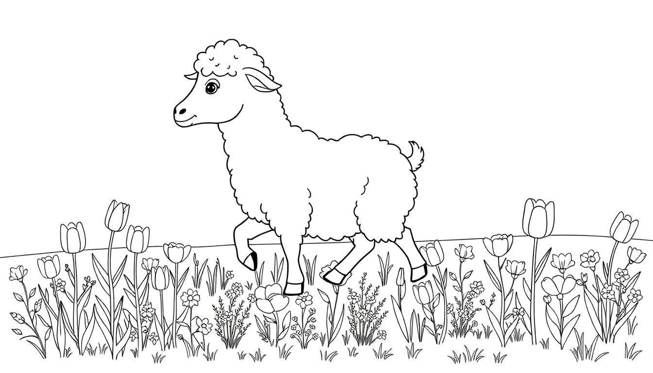 Un dessin au trait noir et blanc d'un mouton joyeux dans un champ de fleurs, prêt à être colorisé.