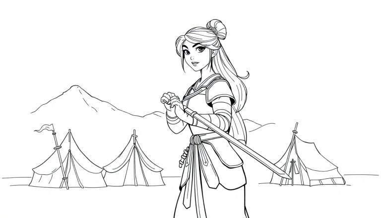Mulan, la guerrière, dans son campement, prête pour l'aventure.