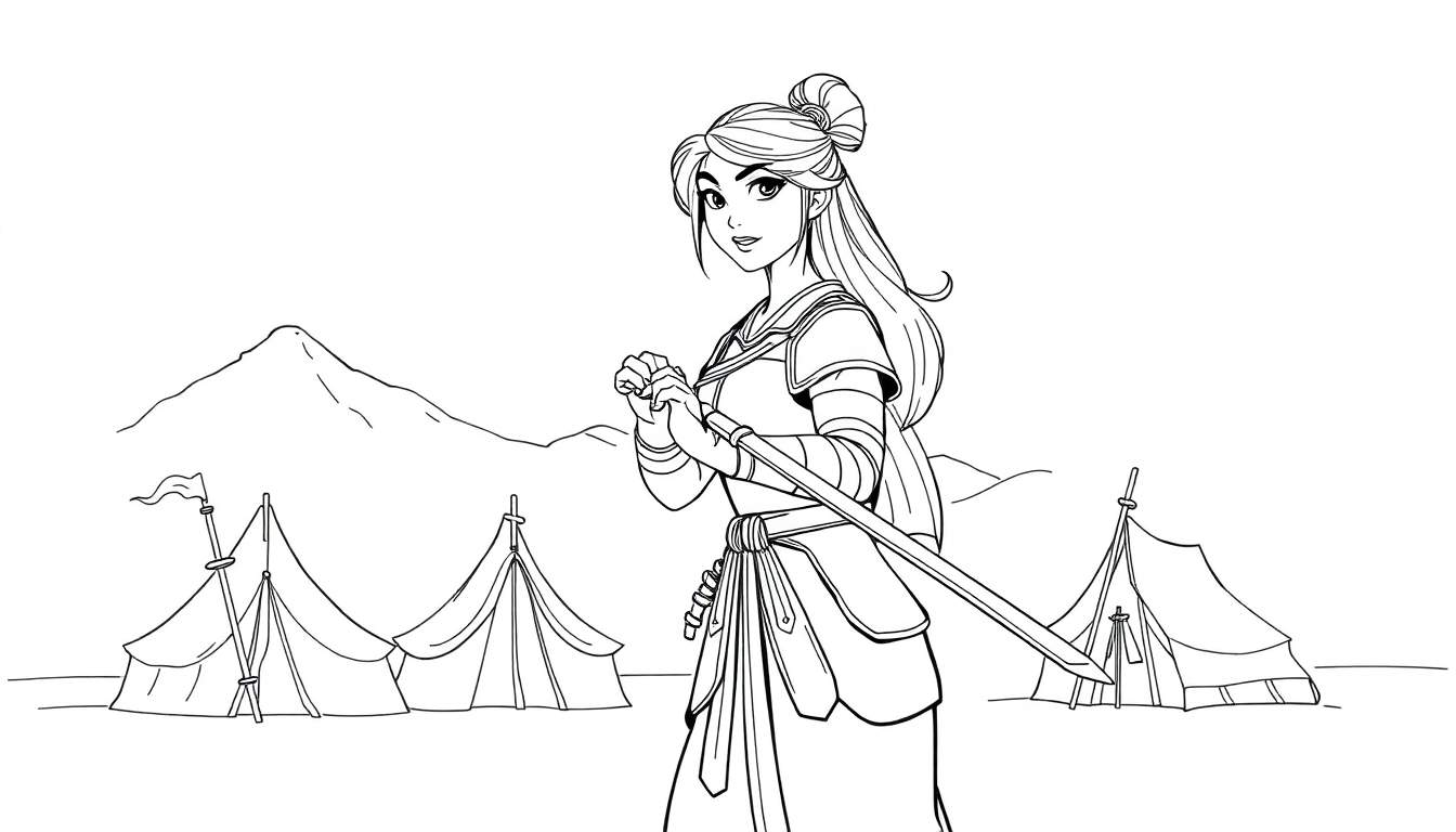 Mulan, la guerrière, dans son campement, prête pour l'aventure.