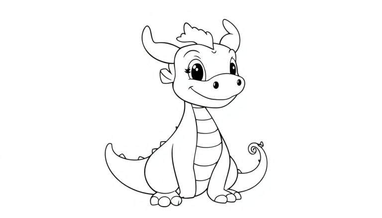 Un petit dragon mignon dessiné au trait, prêt à être coloré.