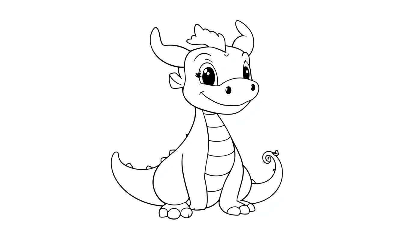Un petit dragon mignon dessiné au trait, prêt à être coloré.