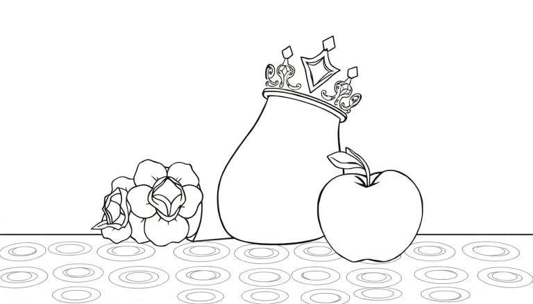 Un pot orné, des roses et une pomme sur un fond de cercles concentriques, parfait pour un color panel.