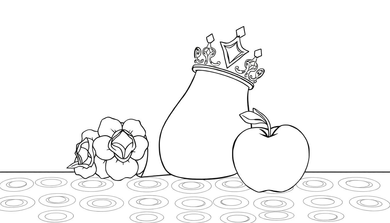 Un pot orné, des roses et une pomme sur un fond de cercles concentriques, parfait pour un color panel.