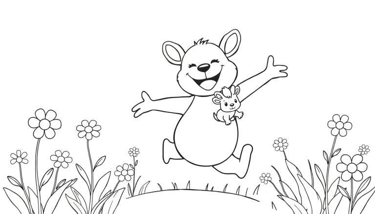 Un dessin au trait noir et blanc d'un ours joyeux tenant un petit animal, entouré de fleurs.