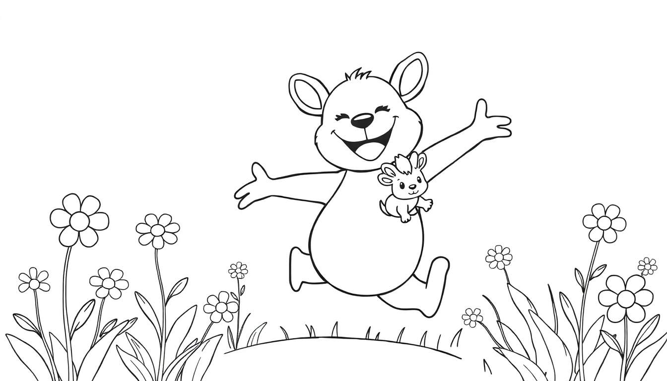 Un dessin au trait noir et blanc d'un ours joyeux tenant un petit animal, entouré de fleurs.