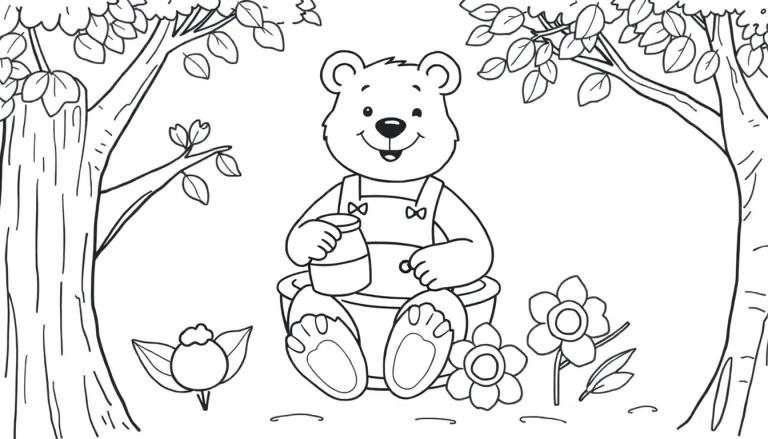 Un ours en peluche dans une forêt prêt à être colorié.