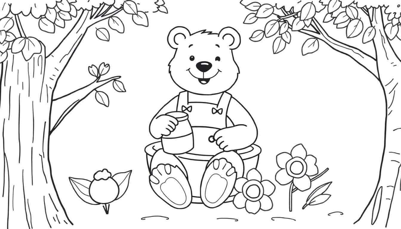 Un ours en peluche dans une forêt prêt à être colorié.