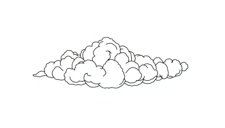 Dessin au trait noir d'un nuage touffu, page de coloriage avec color panel.