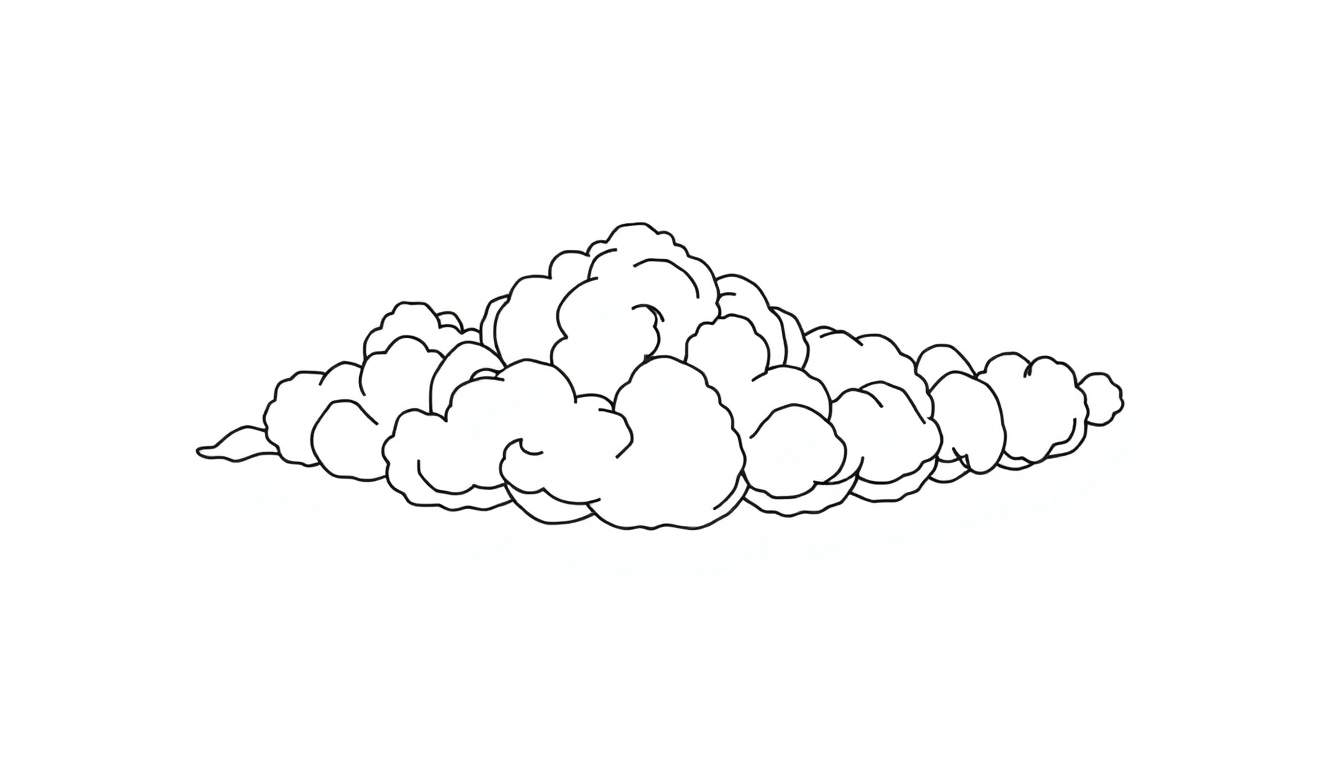 Dessin au trait noir d'un nuage touffu, page de coloriage avec color panel.