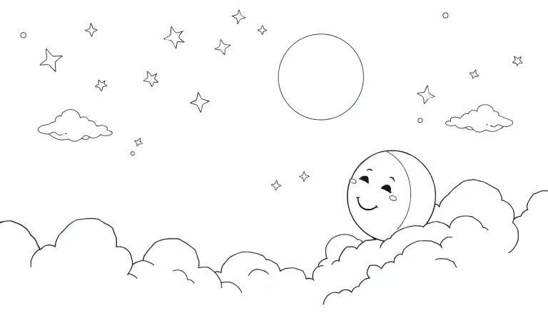 Ciel nocturne avec une lune souriante, des étoiles et des nuages.
