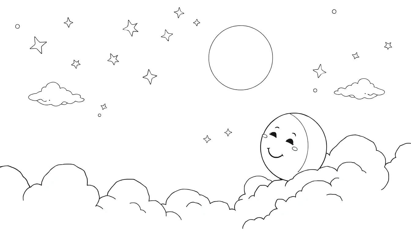 Ciel nocturne avec une lune souriante, des étoiles et des nuages.