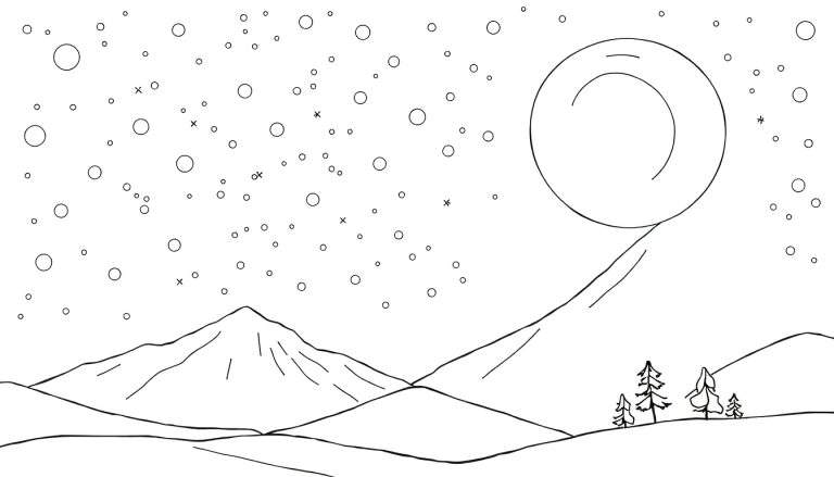 Paysage noir et blanc avec une grande sphère céleste et des montagnes.