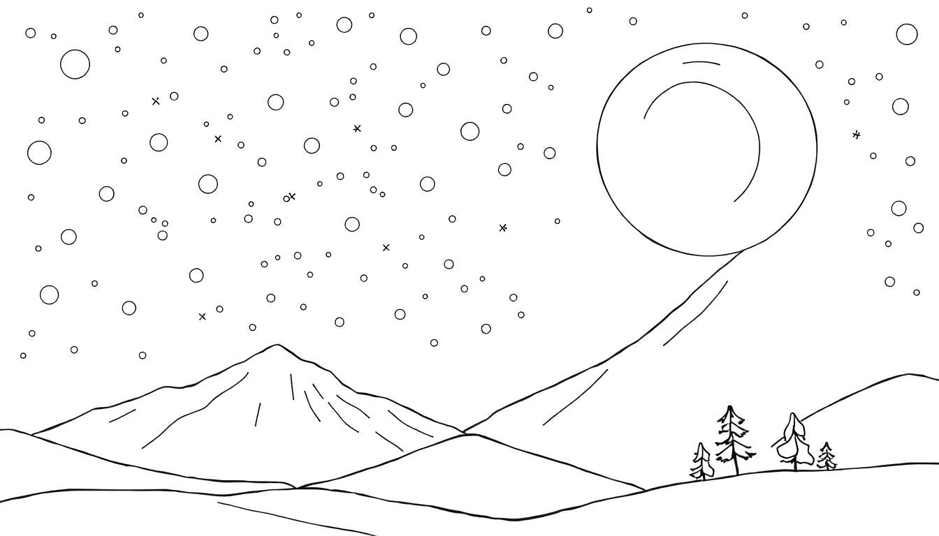 Paysage noir et blanc avec une grande sphère céleste et des montagnes.