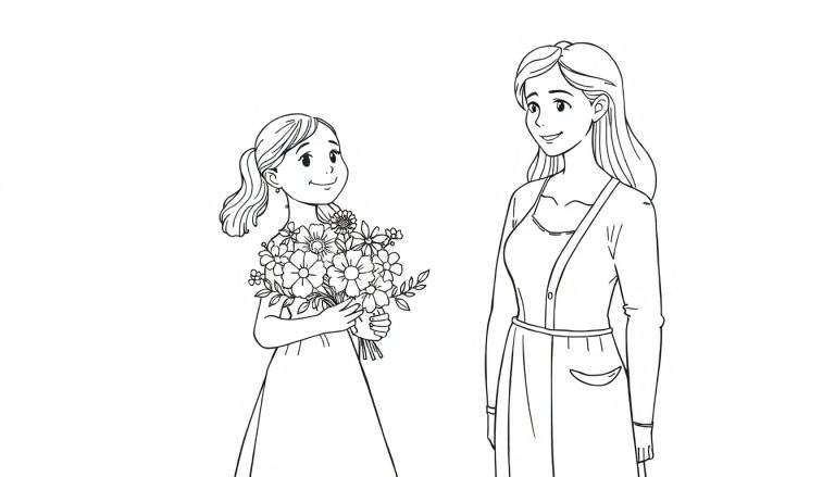 Une petite fille avec une queue de cheval et une robe offre un bouquet de fleurs à une femme plus âgée portant un cardigan. Un cœur géant les entoure, suggérant un moment spécial, le tout dans un color panel monochrome.