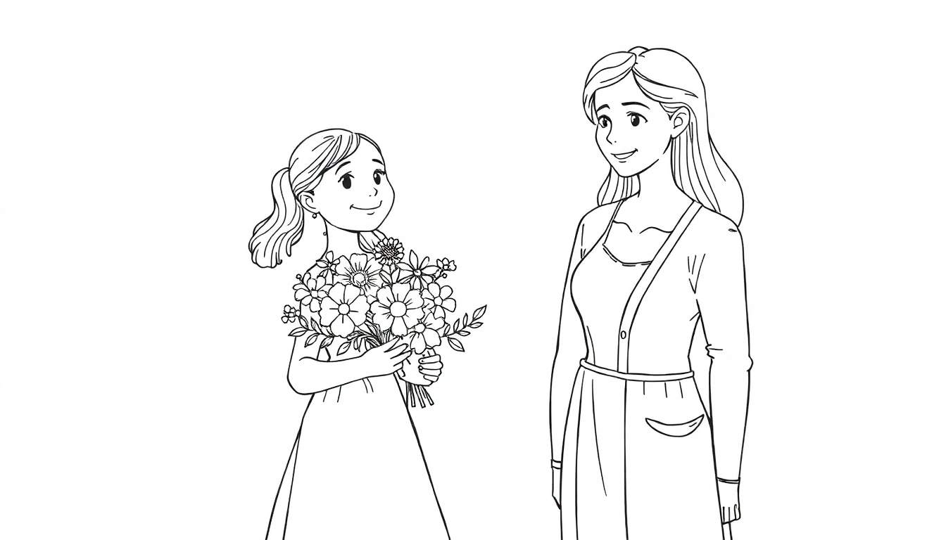 Une petite fille avec une queue de cheval et une robe offre un bouquet de fleurs à une femme plus âgée portant un cardigan. Un cœur géant les entoure, suggérant un moment spécial, le tout dans un color panel monochrome.