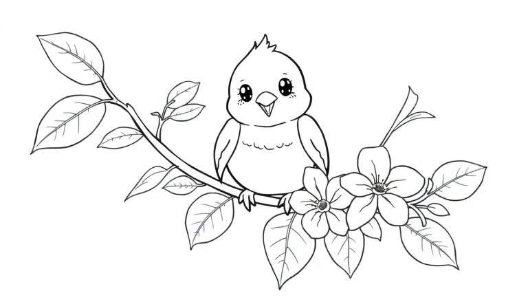 Un dessin au trait d'un petit oiseau mignon perché sur une branche avec des fleurs, parfait pour un color panel.