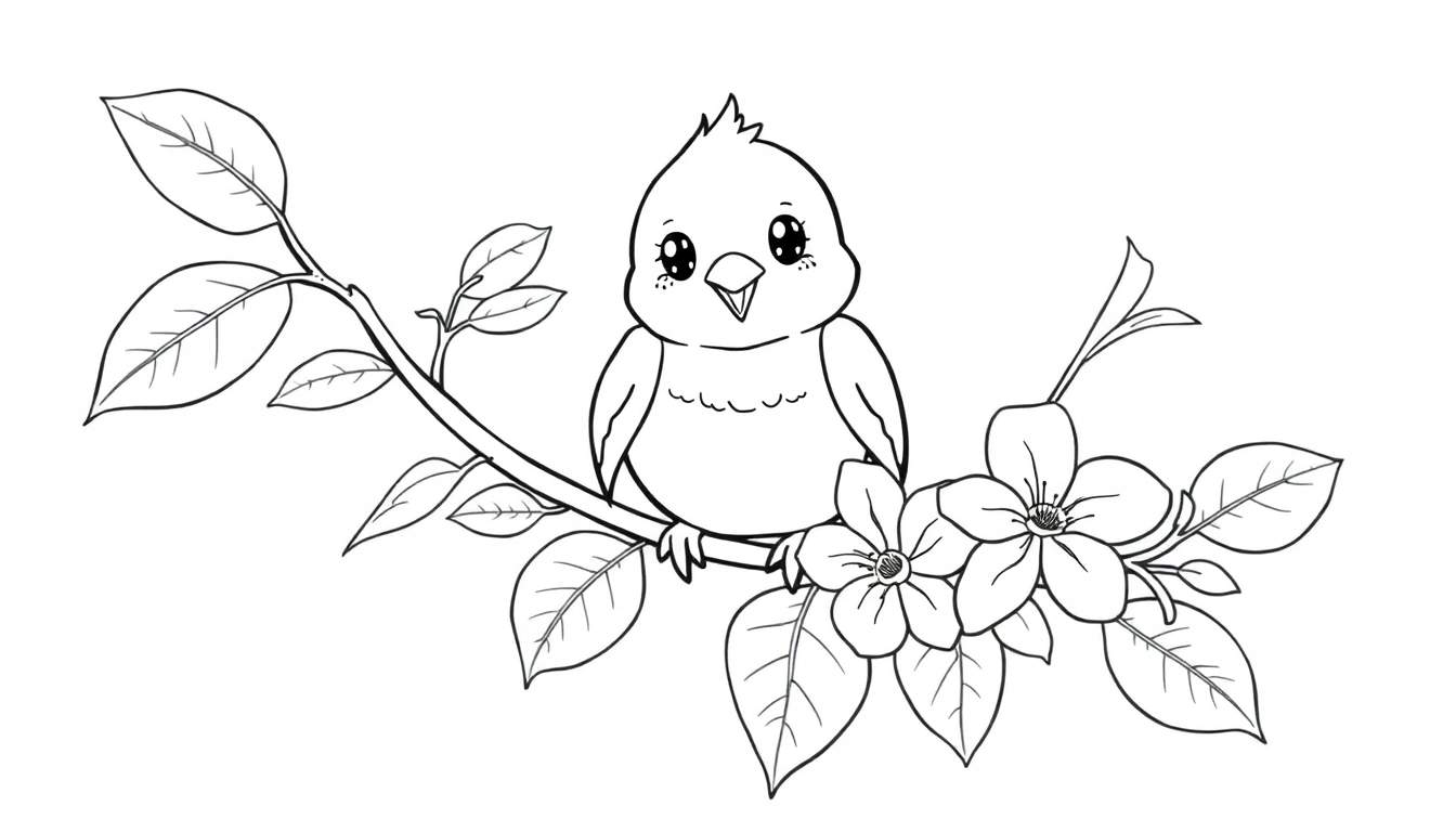 Un dessin au trait d'un petit oiseau mignon perché sur une branche avec des fleurs, parfait pour un color panel.