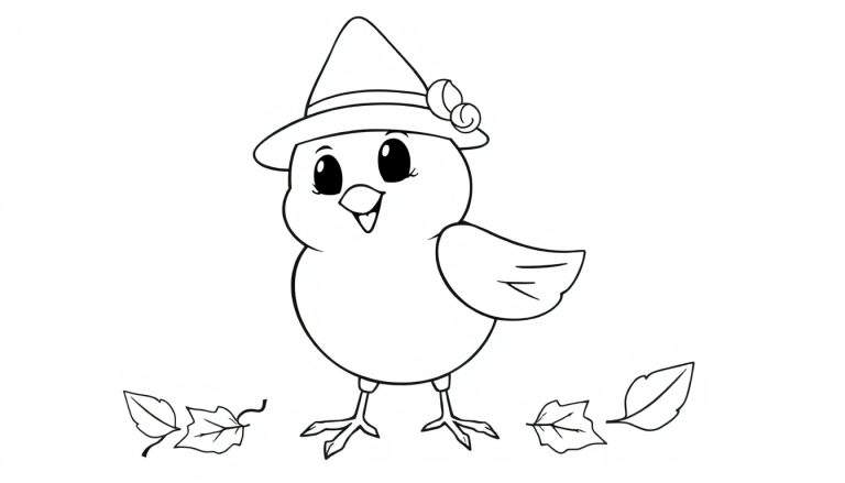 Un oiseau mignon en couleur avec un chapeau pointu et une fleur.