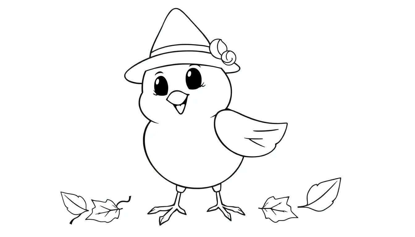 Un oiseau mignon en couleur avec un chapeau pointu et une fleur.