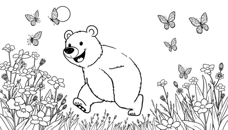 Un ours brun joyeux sautant dans un pré fleuri avec des papillons pour un color panel.